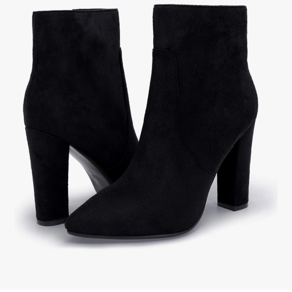 IDIFU Classic Black Suede Pointed Toe Block Heel Ankle Booties